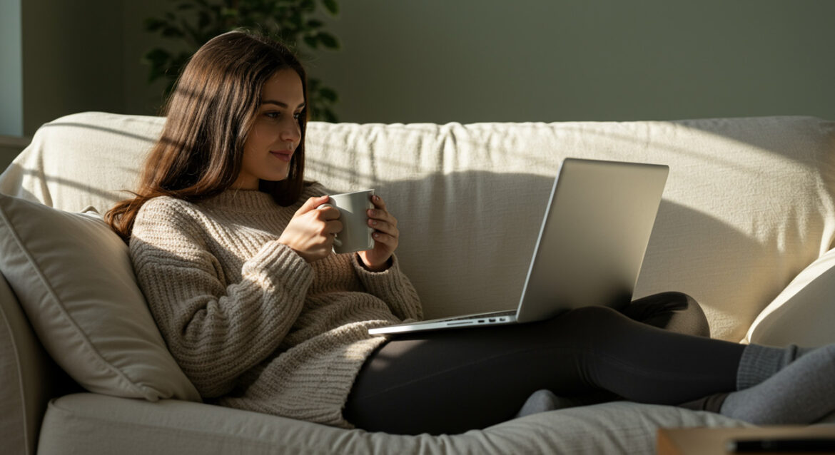 woman on couch with laptop